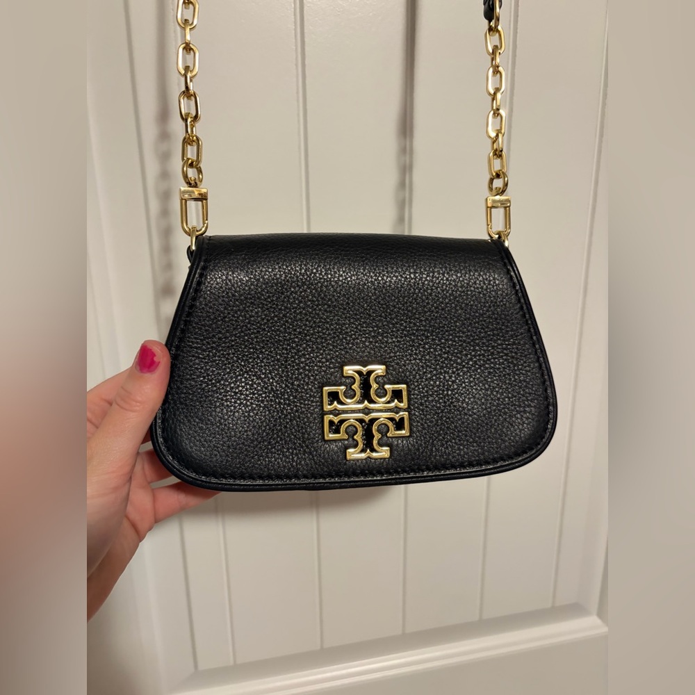 Tory Burch Black Pebbled Leather Crossbody with Gold Chain